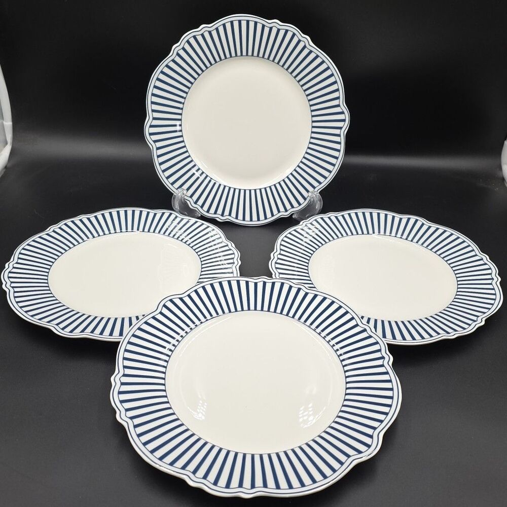 Monterey Bay Dark Blue Stripe Salad Dessert Plates Set of 4 Porcelain 8" NWT